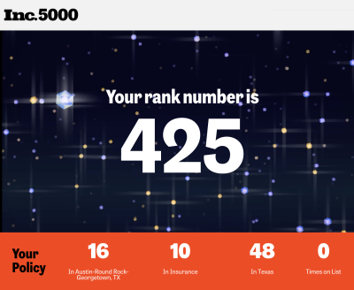 Rank number 425 with an orange bar showing Your Policy: 16 in Austin-Round Rock-Georgetown, TX; 10 in Insurance; 48 in Texas; 0 times on List.